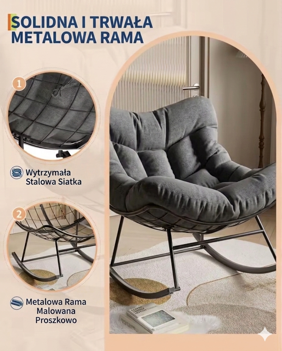 Nowoczesny 2-osobowy Fotel Bujany Jajo z szarą Poduszką XXL Loft Taras