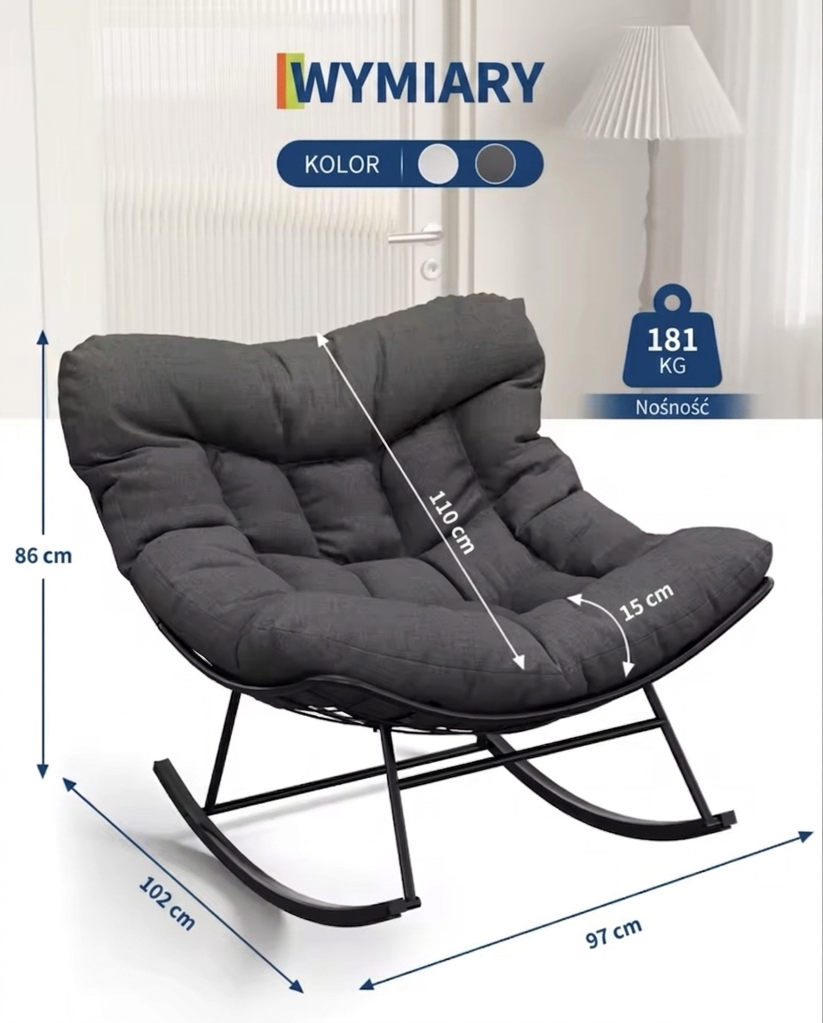 Nowoczesny 2-osobowy Fotel Bujany Jajo z szarą Poduszką XXL Loft Taras